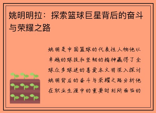 姚明明拉：探索篮球巨星背后的奋斗与荣耀之路